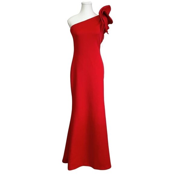 NWT BETSY & ADAM DAISY RED ONE RUFFLE SLEEVE TRUMPET EVENING PROM GOWN - 6 - Picture 1 of 13